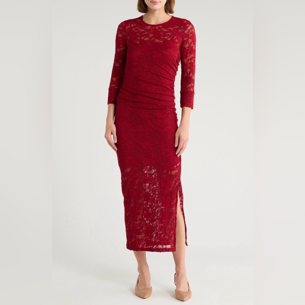 NSR Merlot Ruched‎ Stretch Lace Maxi Dress